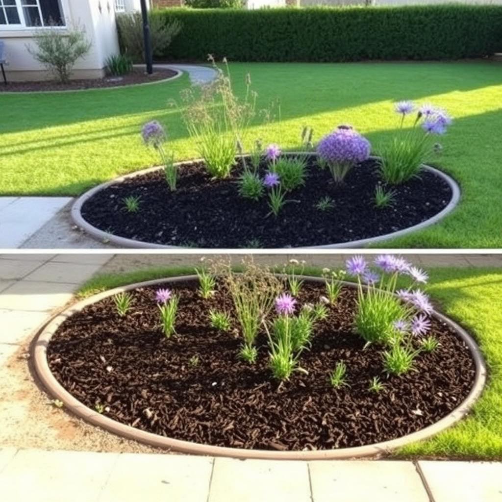 The same flowerbed after restoration — fresh mulch, healthy plants and a neat edge