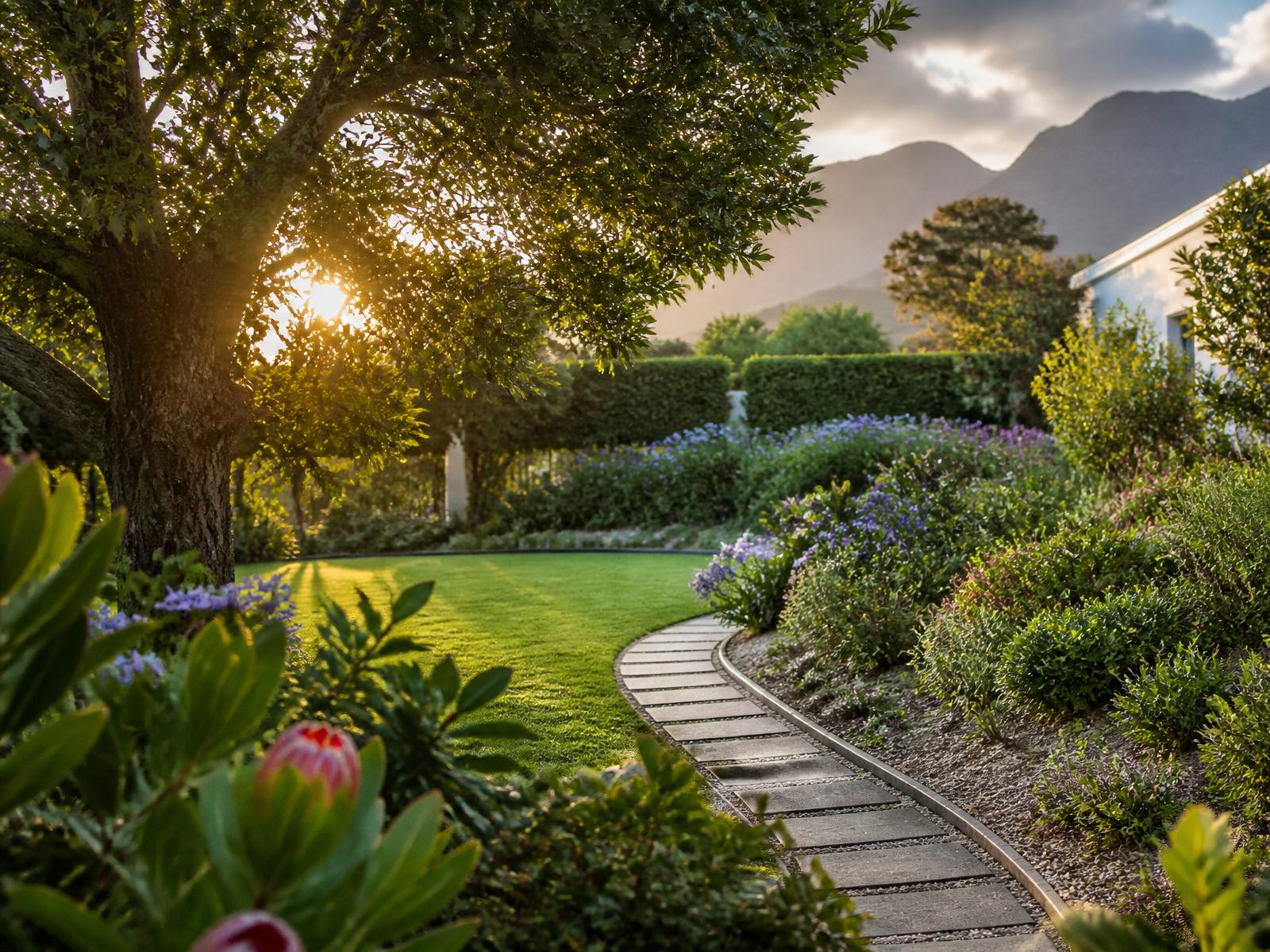 Beautifully maintained Cape Town garden at golden hour with mountain backdrop