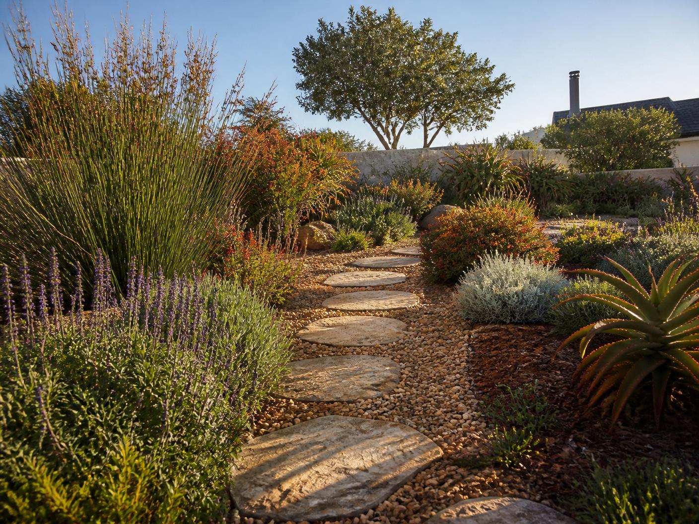 Landscaped Cape Town garden with stepping stones and mixed planting